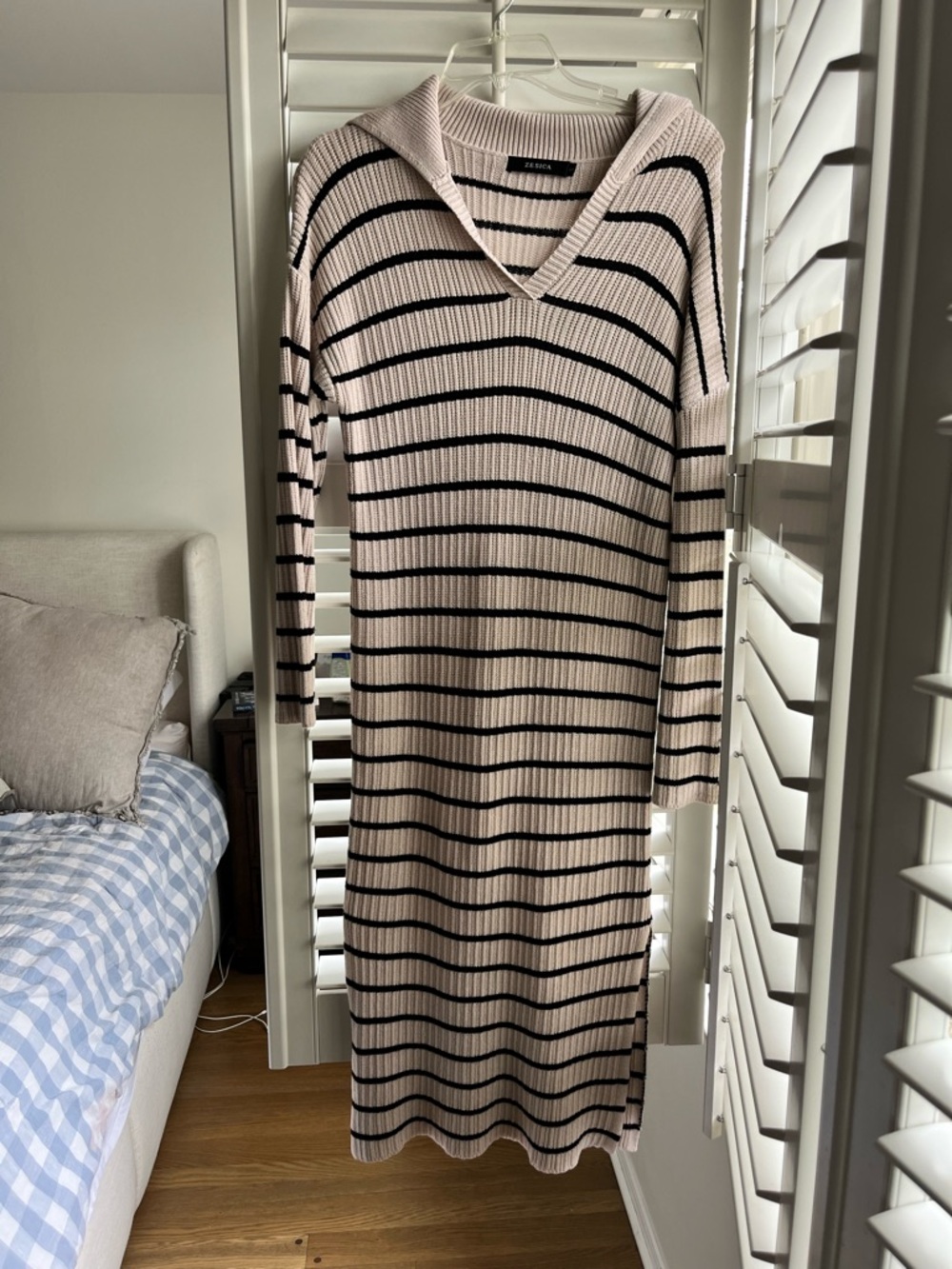 Amazon Beige and Black Striped Midi Knit Dress